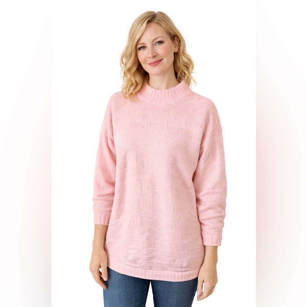 Vintage 80s Pink Textured Knit Sweater | Mock Neck Retro Pullover